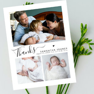 Modern Thank You Script 3 Photo Birth Announcement Postcard