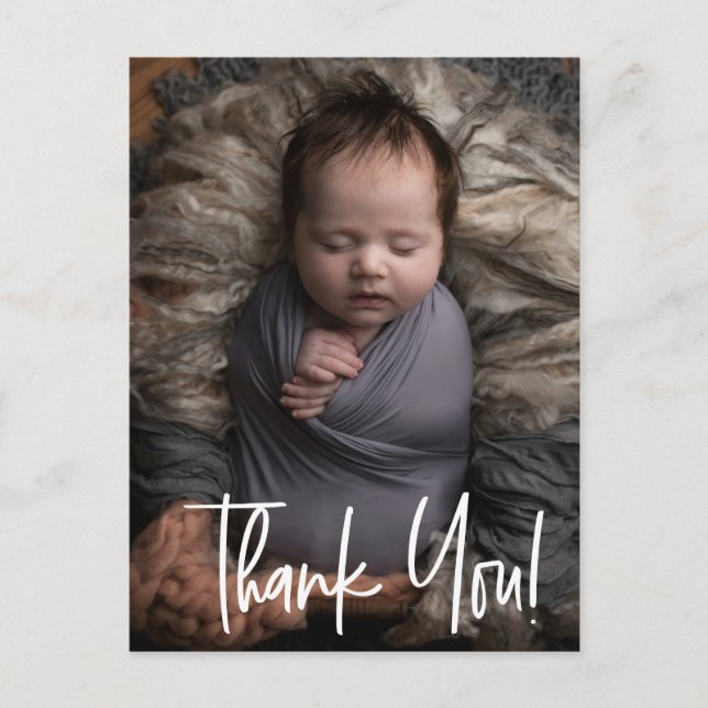 Modern Thank You Script Baby Boy Photo Birth Announcement Postcard (Front)