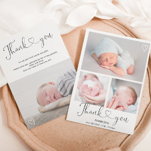 Modern thank you script heart 4 photos baby birth announcement