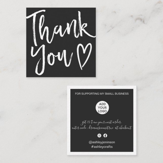 Modern thank you script order minimal grey chic square business card (Front/Back)