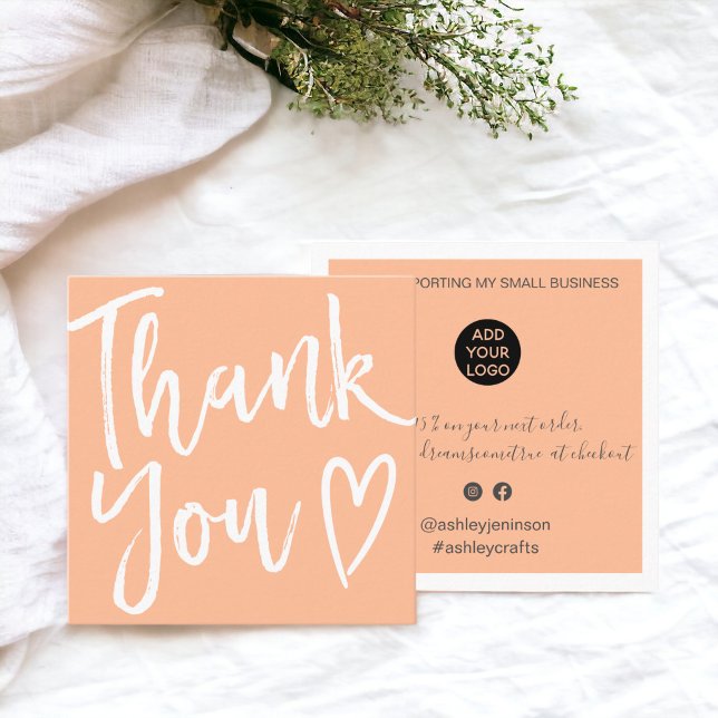 Modern thank you script order minimal peach square business card (Modern thank you script order minimal peach square business card)
