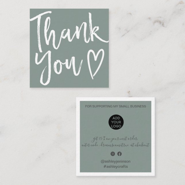 Modern thank you script order minimal sage green square business card (Front/Back)