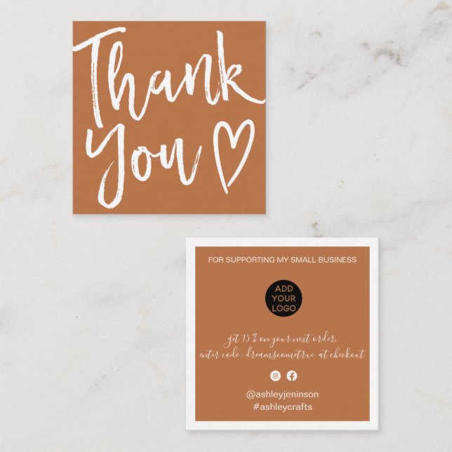 Modern thank you script order minimal terracotta square business card (Front/Back)