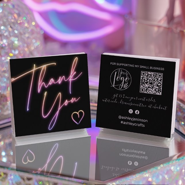 Modern thank you script order neon Qr code Square Business Card (Modern thank you script order neon Qr code Square Business Card)