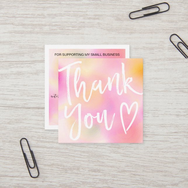 Modern thank you script order pink gradient ombre square business card (Front/Back In Situ)