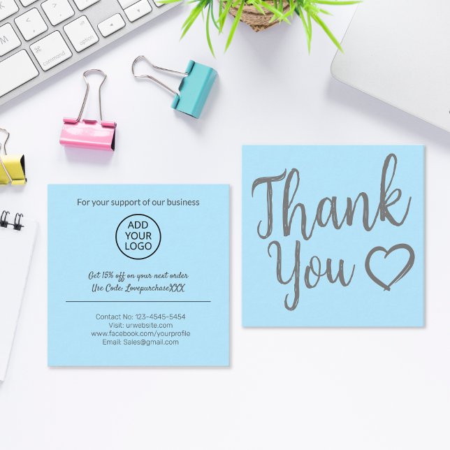 Modern thank you script order sky blue square business card (Creator Uploaded)