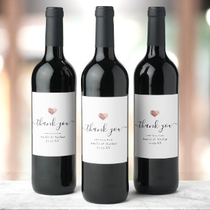 Modern Thank you Script Rose Gold Heart Wedding Wine Label