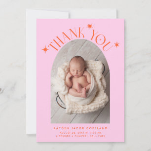 Modern Thank You Stars Orange Pink Photo Birth Announcement