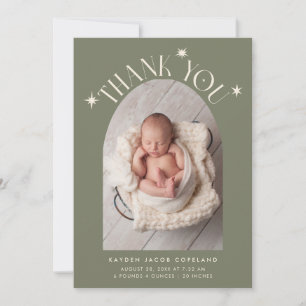 Modern Thank You Stars Sage Green Photo Birth Announcement