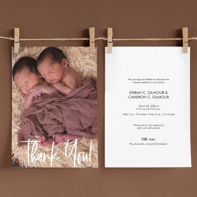 Modern Thank you Twin Baby Photo Personalised (modern baby twins photo announcement thank you cards)