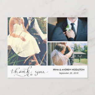 Modern Thank You Typography Three Wedding Photos Postcard