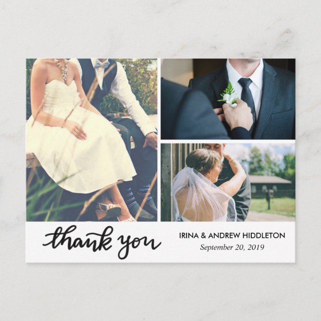 Modern Thank You Typography Three Wedding Photos Postcard (Front)