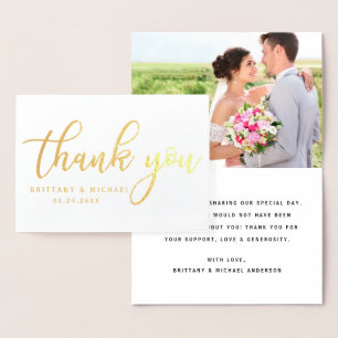 Modern Thank You Wedding Couple Photo Gold B Foil Card