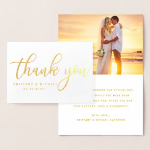 Modern Thank You Wedding Couple Photo Gold Foil Card