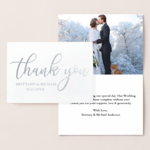 Modern Thank You Wedding Photo Silver Foil Card