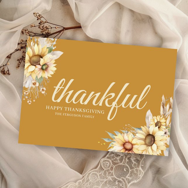 Modern Thankful Minimal Happy Thanksgiving Holiday Card (elegant minimalist thankful happy thanksgiving cards with watercolor sunflowers and personal message)