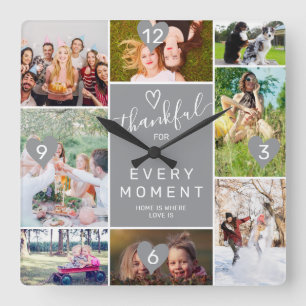 Modern thankful moment 8 photos collage grid gray square wall clock