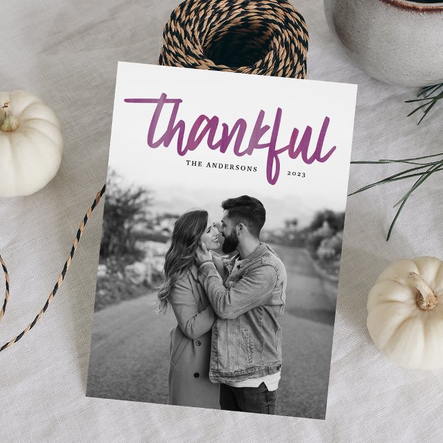 Modern Thankful Purple Watercolor Script Photo Holiday Card (Creator Uploaded)