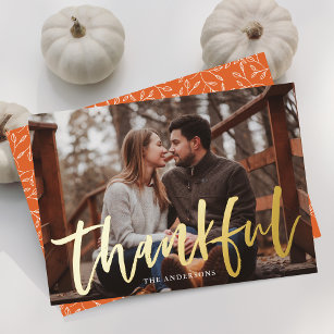 Modern Thankful Script Orange Photo Thanksgiving Foil Holiday Card