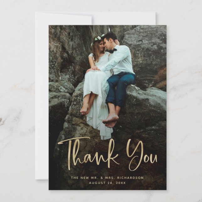 Modern Thanks | Faux Gold Script and Wedding Photo Thank You Card (Front)