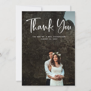 Modern Thanks White Script and Wedding Photo Thank You Card