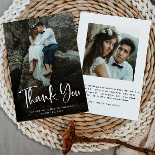 Modern Thanks White Script and Wedding Photo Thank You Card