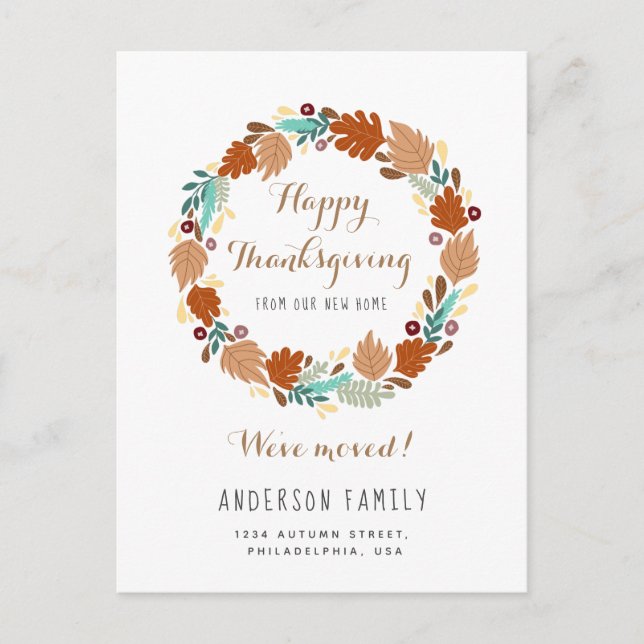 Modern Thanksgiving Autumn Wreath Holiday Moving Announcement Postcard (Front)