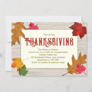 Modern Thanksgiving Dinner Leaves Wood Invitation