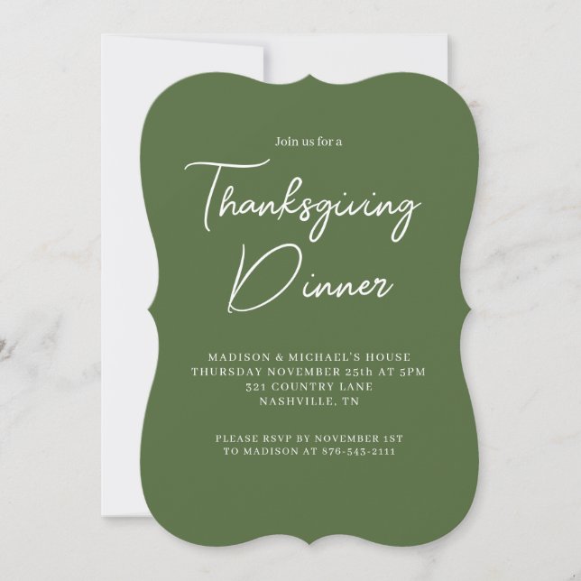 Modern Thanksgiving Dinner Sage Green White Script Invitation (Front)