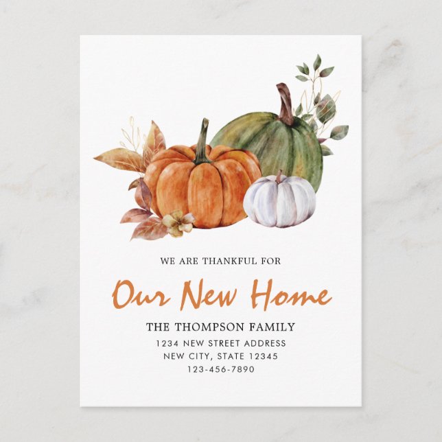 Modern Thanksgiving Our New Home Pumpkin Moving Announcement Postcard (Front)