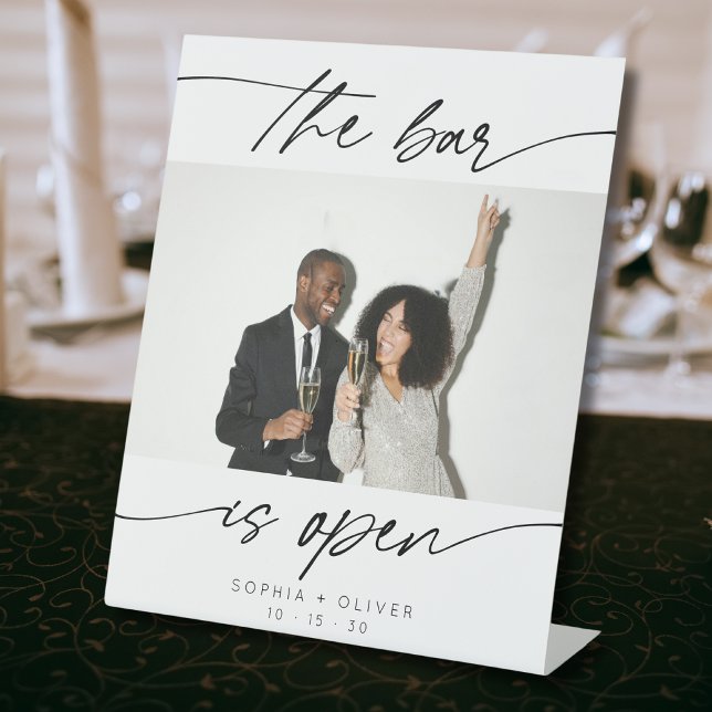 Modern The Bar is Open Calligraphy Script Photo  Pedestal Sign (Creator Uploaded)