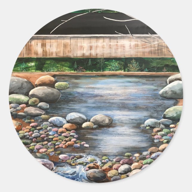 Modern The Brook Blues & Browns Painting Classic Round Sticker (Front)