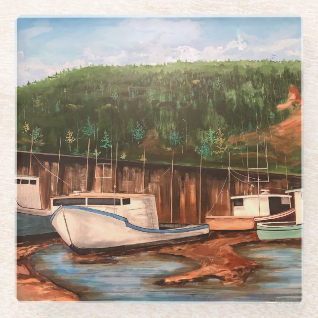  Modern The Fishing Village Browns and Greens  Glass Coaster (Front)