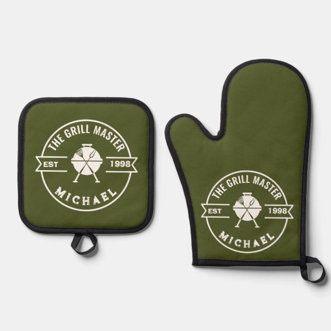 Modern The Grill Master Established Green Oven Mitt & Pot Holder Set (Front)