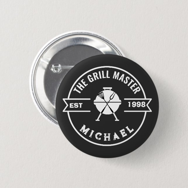 Modern The Grill Master Established Year Name 6 Cm Round Badge (Front & Back)