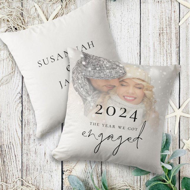 Modern The Year We Got Engaged Photo Overlay Cushion (Front and back view)