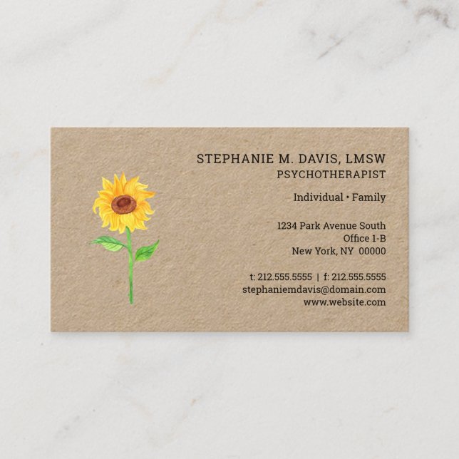 Modern Therapist Sunflower Business Card (Front)