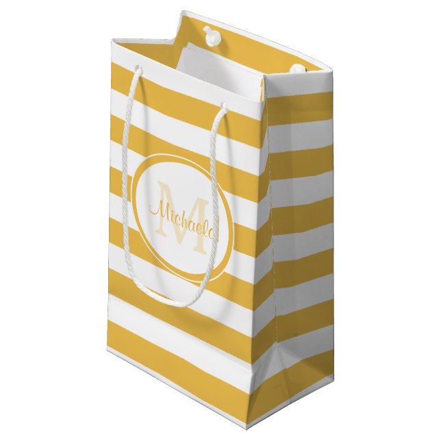 Modern Thick Golden Yellow Stripes With Name Small Gift Bag (Front Angled)