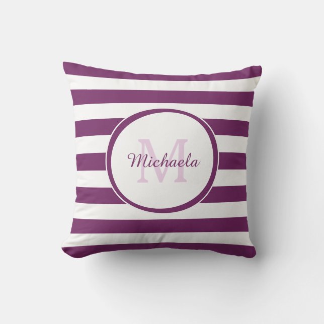 Modern Thick Stripes Monogram and Name in Purple Cushion (Front)