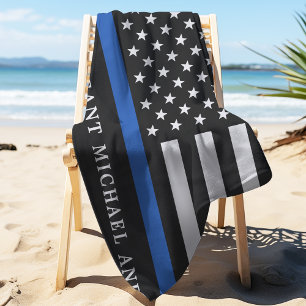Modern Thin Blue Line Personalised Police Officer Beach Towel