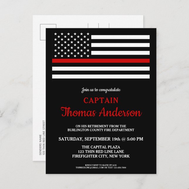 Modern Thin Red Line Firefighter Retirement Party Invitation Postcard (Front/Back)
