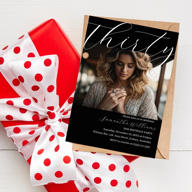 Modern Thirty Black Photo 30th birthday invitation (Creator Uploaded)