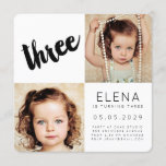 Modern THREE 3rd Birthday Boy Girl Photo Card<br><div class="desc">Trendy, modern, sleek, simple black and white design featuring stunning designer typography.. Make your own personalised number 3, 3RD birthday anniversary photo standard printed invites. Template includes space for you to add 3 photos of the birthday boy/girl. To change the photo's to your own simply click on the personalise area...</div>