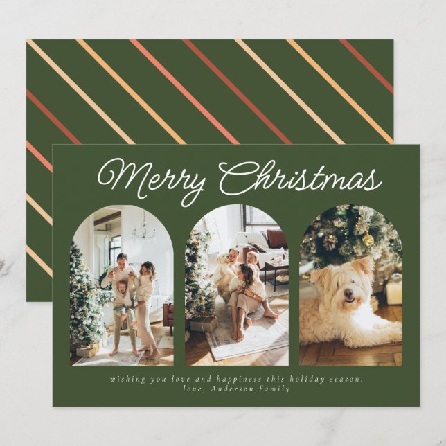 Modern Three Arch Curve Photo Christmas Green Holiday Card (Front/Back)