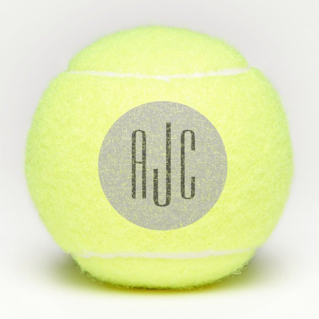 Modern Three Letter Monogram Black Grey Tennis Balls (Front)