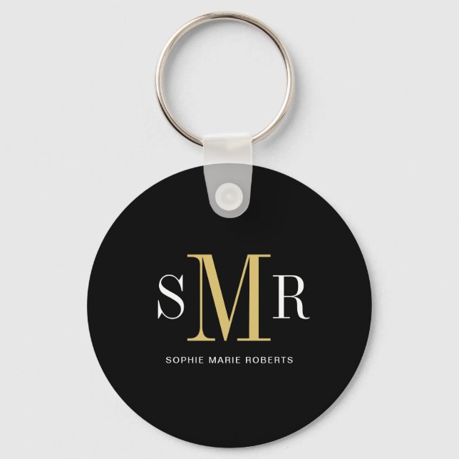Modern three letter monogram initials name key ring (Front)
