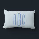 Modern Three Letter Monogram Light Blue Lumbar Cushion<br><div class="desc">Modern cornflower blue First Last Middle or wedding style three letter monogram design in a stylish bold all caps font.
Customise the pale blue background to match your business or favourite bright colour.
You can adjust the letter spacing or font size and style on the back.</div>