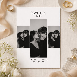Modern Three Photo Black and White Wedding Save The Date