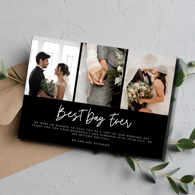 Modern Three Photo Black White Wedding Thank You (Creator Uploaded)