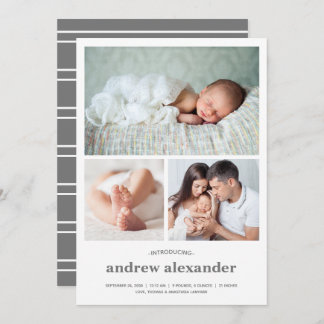Modern Three Photo Collage Birth Announcement
